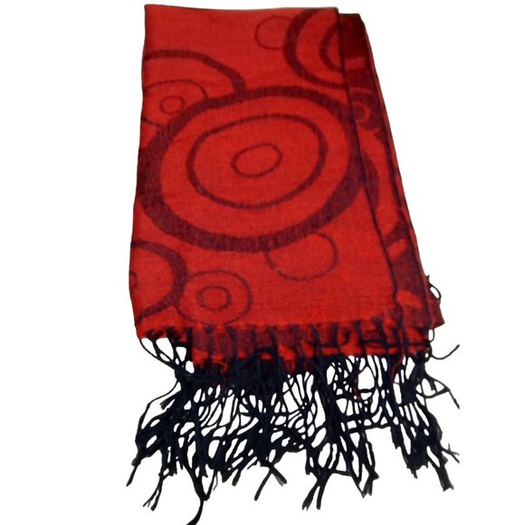 Womens Red and Black Geometric Patterned Pashmina Scarf With Fringe - Picture 3 of 5